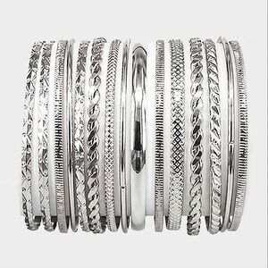 Silver 15 Piece Metal Bangle Bracelets Set Everyday Simple Casual MultiLayered